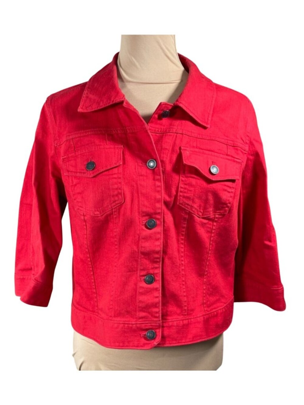 Loft Factory Denim Jacket Red 3/4 Sleeve Size L Large Cropped Stretch
